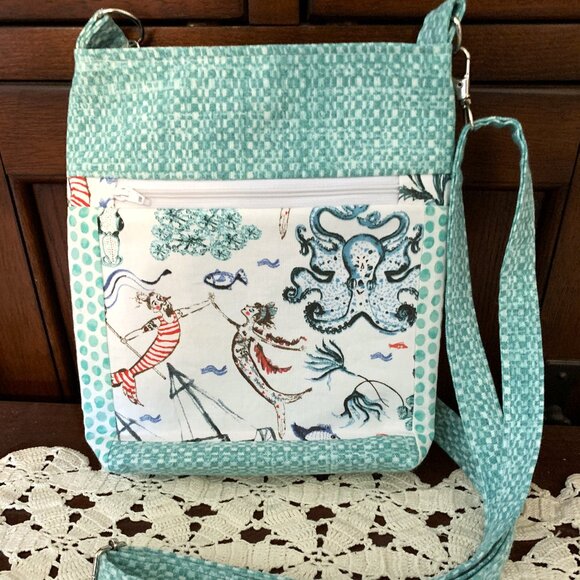 Handmade Aqua Cotton Crossbody Bag with Lining and Magnetic Snap Closure - Picture 2 of 9